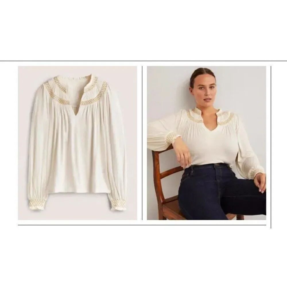 Boden Womens Shirt Top Ivory Gold UK 10 US 6 Smocked Yoke Metallic T1069 NWT